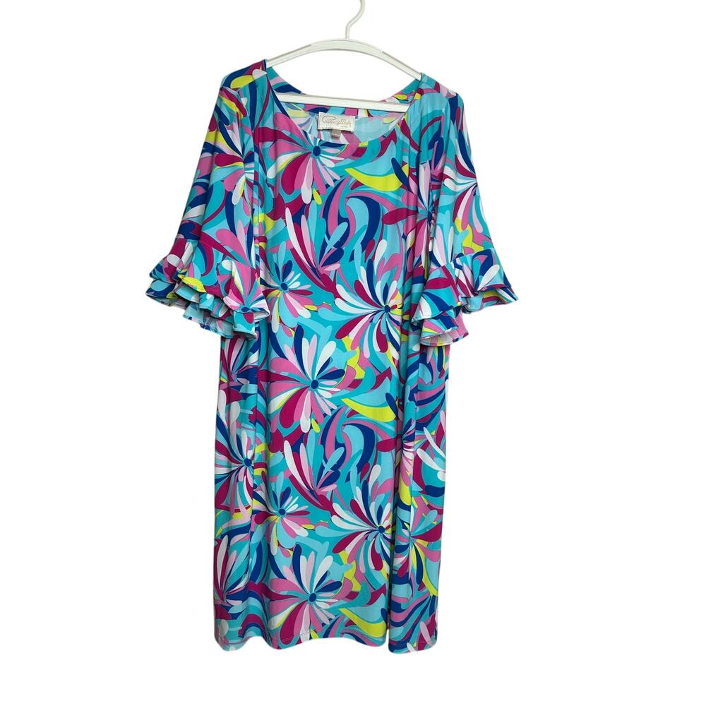 Pappagallo Women's 2X Plus Size Floral Ruffle Sleeve Shift Dress Multi-Color